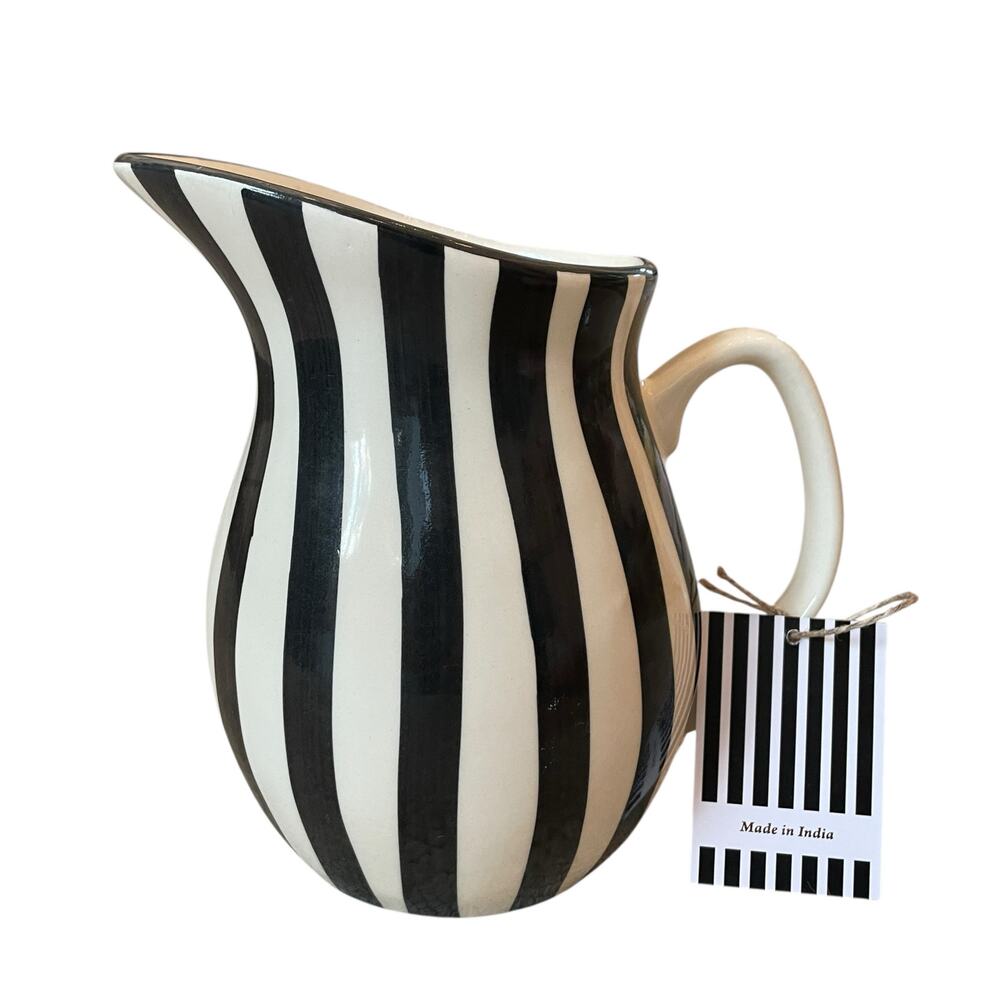Hand Painted Striped Ceramic Pitcher 8in Made in India Black & Cream NEW